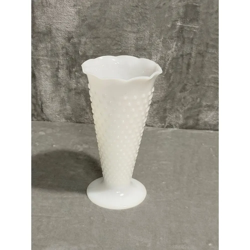 Vintage White Milk Glass Hobnail Footed Vase Scalloped Rim 9 Inch